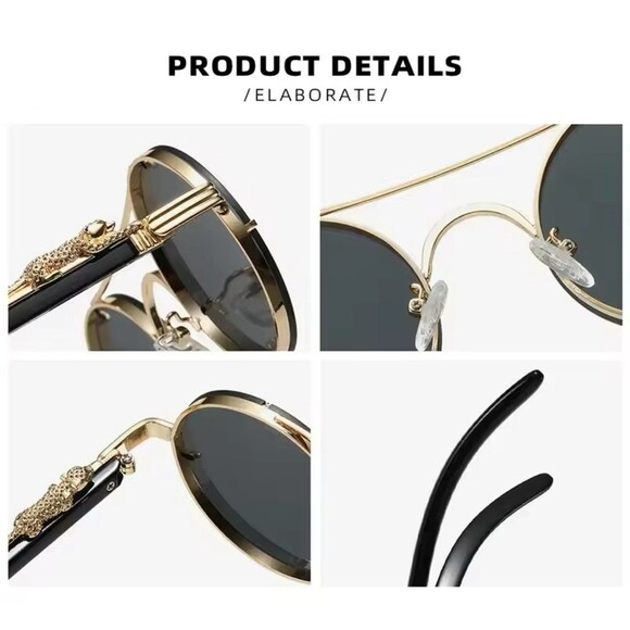 Vintage Round Sunglasses Men Fashion Double Bridge Black Gold Shades Women Retro - Picture 4 of 5